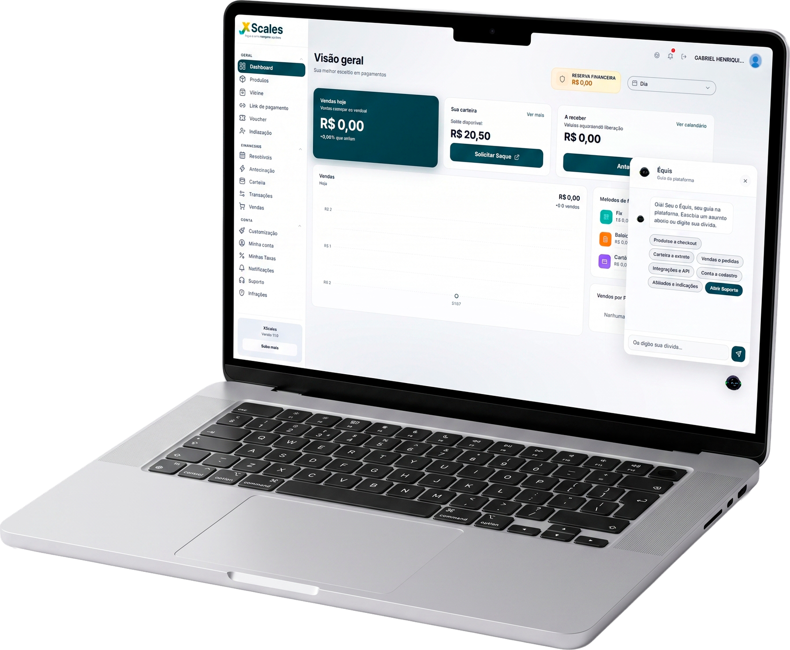 Plataforma XSCALES aberta em um notebook: visão geral de vendas, carteira e recebíveis